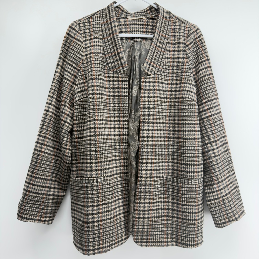 Soft Surroundings Womens Small Plaid Knit Blazer Open Front Paisley Lining 29489